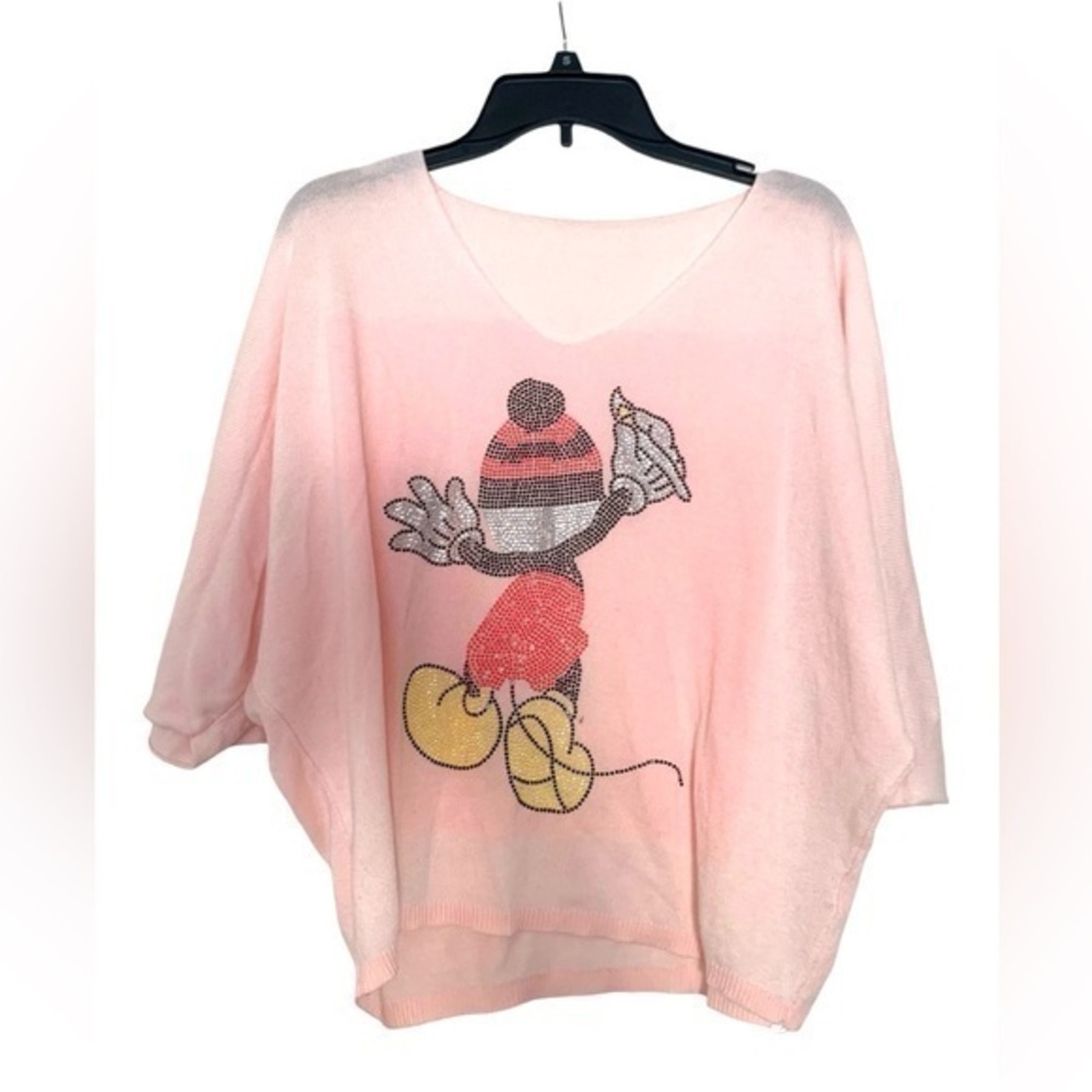 Vintage Disney Mickey Mouse Rhinestone Sweater V-neck Dolman Sleeve Pink Silver